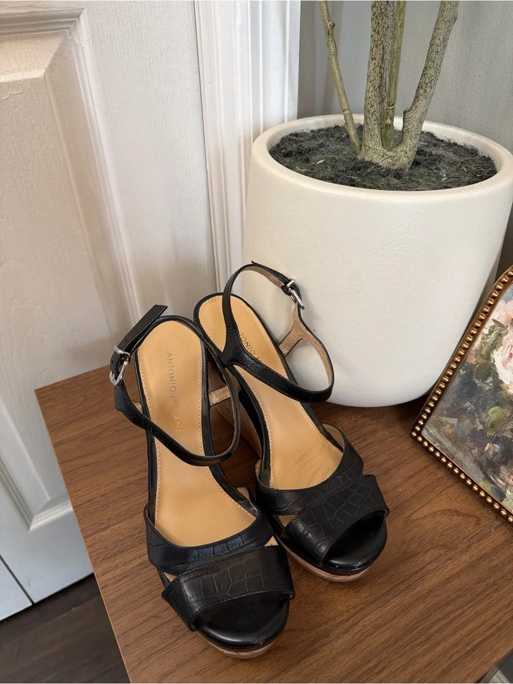 Antonio Melani Black Leather Croc Cork Wedge Sandals Size 8